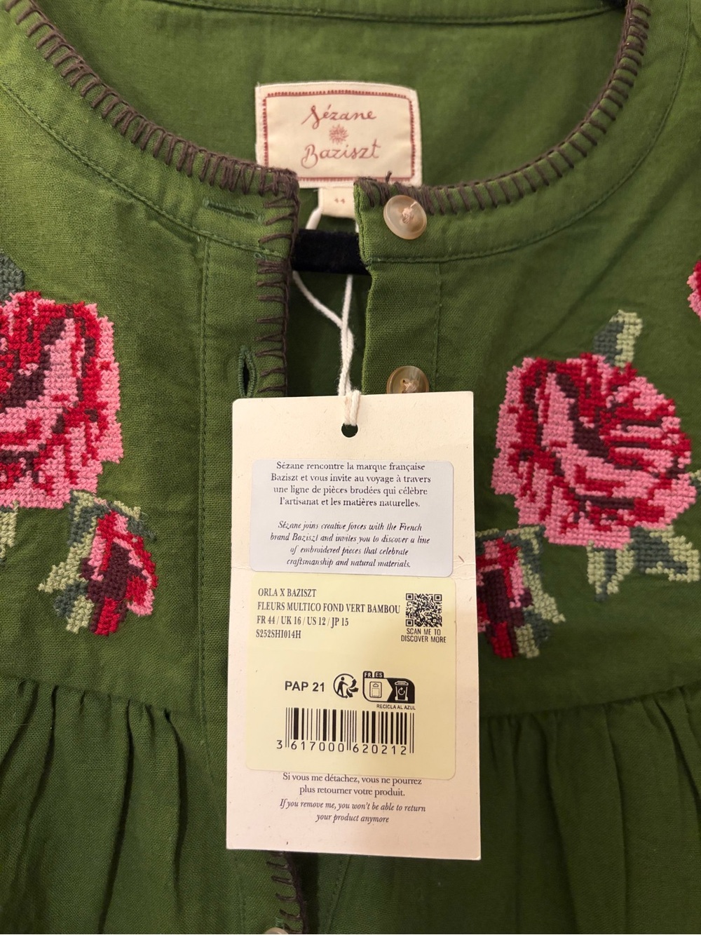 Sezane x Baziszt Orla Shirt in Bamboo Green with Floral Embroidery Size 44/12 - Picture 7 of 8